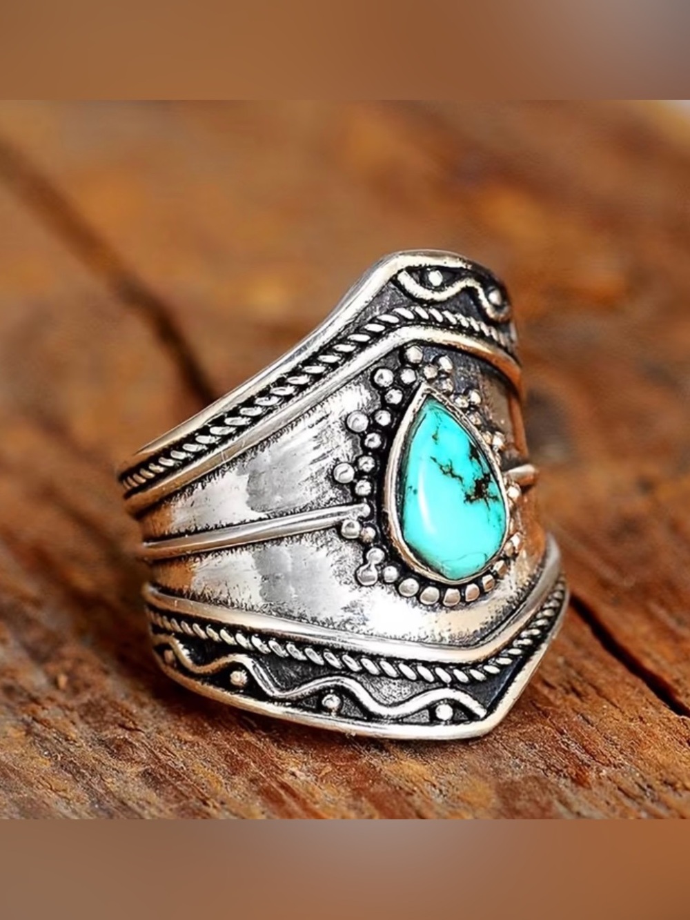 Turquoise Teardrop Sterling-Style Statement Ring